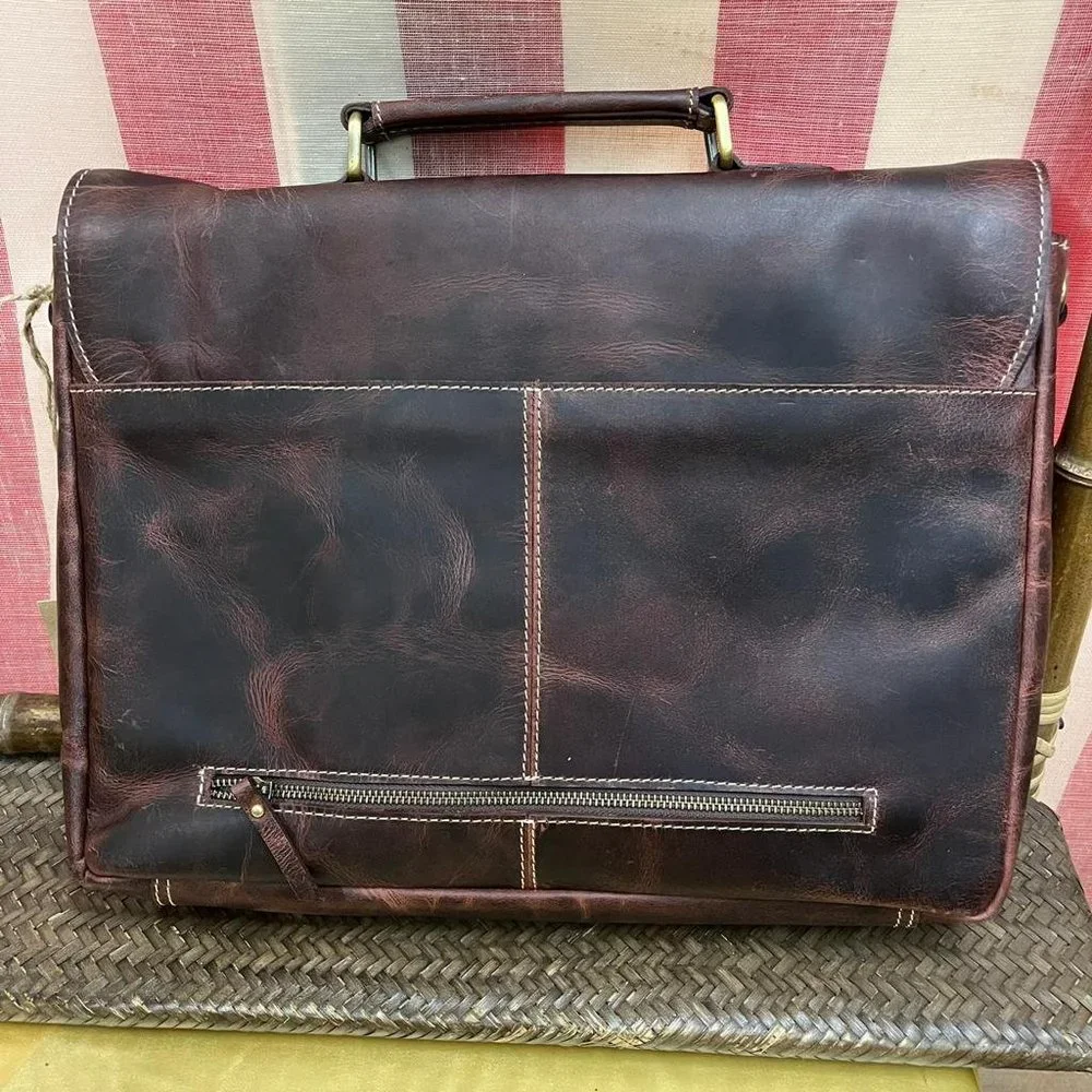 NWT Aaron Leather Goods messenger laptop bag dark brown genuine